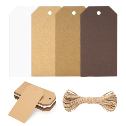jijAcraft Kraftpapier Geschenkanhänger Braun Weiß: 5 x 10cm Blanko Papier Anhänger 60 Stück Papier Etiketten zum Beschriften Geschenkanhänger Tags mit Loch und Schnur für Party Geschenk von jijAcraft