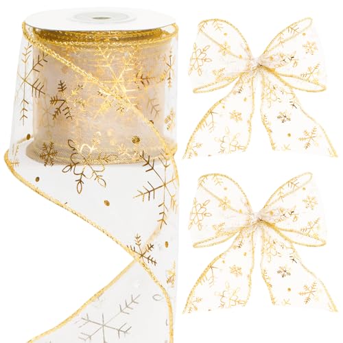 jijAcraft Organzaband Weihnachten 6cm Breit, Geschenkband mit Draht Gold, 10 Yards Schneeflocke Organzaband, Glitzer Weihnachtsband für Geschenkdeko, Kranz, Handwerk, WeihnachtsSchleifenherstellung jijAcraft Organzaband Weihnachten 6cm Breit, Geschenkband mit Draht Gold, 10 Yards Schneeflocke Organzaband, Glitzer Weihnachtsband für Geschenkdeko, Kranz, Handwerk, WeihnachtsSchleifenherstellung von jijAcraft