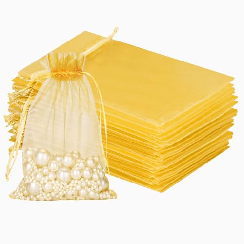 jijAcraft Groß Organzasäckchen 13 × 18CM, Gold Organza Beutel, 100 Stück Organzasäckchen Geschenk, Organza Schmuckbeutel mit Kordelzug für Süßigkeiten, Geschenk von jijAcraft