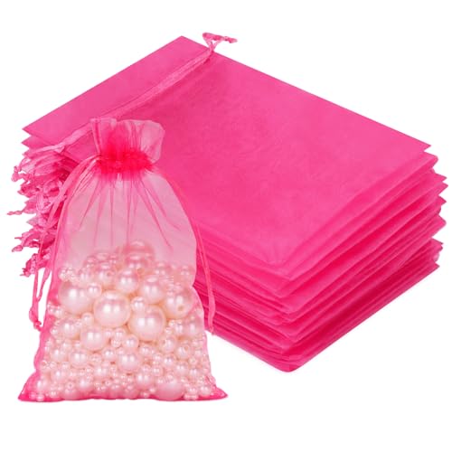 jijAcraft Organzasäckchen Hochzeit Hot Pink Organza Beutel 10 * 15CM, 50 Stück mit Kordelzug, Bonbons Geschenk Schmuckbeutel, Geschenktüten für Hochzeiten von jijAcraft