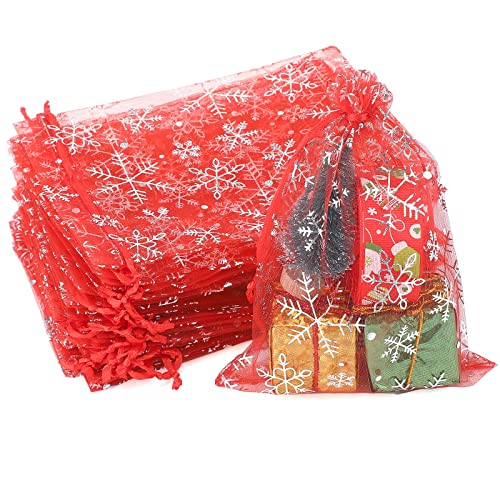 jijAcraft Organzasäckchen Weihnachten Groß, Weihnachten Organza Beutel 13 x 18 CM Rot, 50 Stück Schneeflocke Organza Beutelchen mit Kordelzug, Bonbons Geschenk Schmuckbeutel von jijAcraft