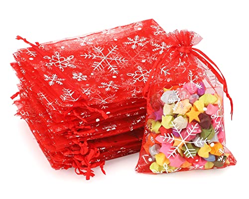 jijAcraft Organzasäckchen Weihnachten Rot, Weihnachten Organza Beutel 10 x 15 CM, 50 Stück Schneeflocke Organza Beutelchen mit Kordelzug, Bonbons Geschenk Schmuckbeutel von jijAcraft