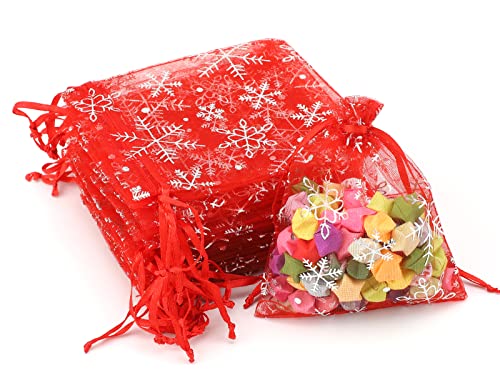 jijAcraft Organzasäckchen Weihnachten Rot, Weihnachten Organza Beutel 9 x 12CM, 50 Stück Schneeflocke Organza Beutelchen mit Kordelzug, Bonbons Geschenk Schmuckbeutel von jijAcraft