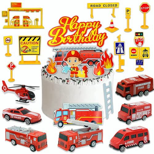 jiuzcare Feuerwehrauto Kuchendekoration 25 Stücke Feuerwehrauto Tortendeko 7 Pcs Feuerwehrauto und Hubschrauber Spielzeug 8 Pcs Tortendeko 9 Pcs Spielzeug Straßenschilder 1 Tankstelle Geburtstags Deko von jiuzcare