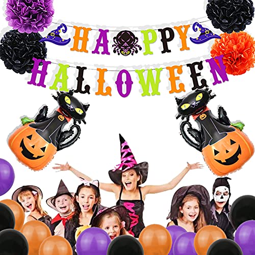 jiuzcare Halloween Luftballons Set Halloween Party Deko Happy Halloween Banner Orange Schwarz Ballons Kürbis Katze Folienballons Innen Außen Deko Gruselig für Kinder Jungen Mädchen, 21Stück von jiuzcare