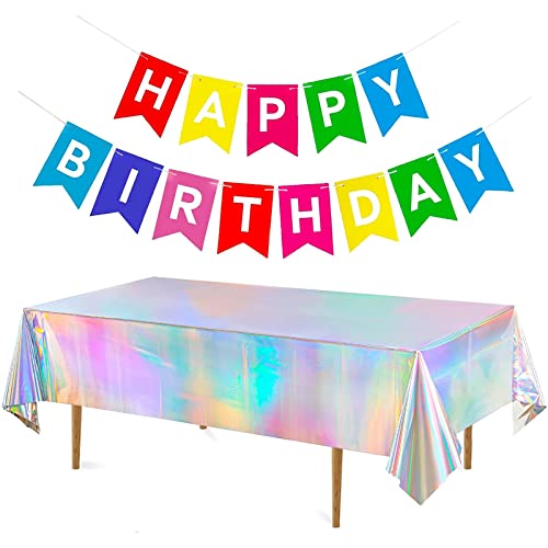 jiuzcare Party Tischdecken 137 * 274cm Rechteck Tischtuch Plastik Tischdecken Wachstuch Tischdecke Abwaschbar mit Happy Birthday Banner für Party Picknick Hochzeiten Geburtstag, Farbe von jiuzcare