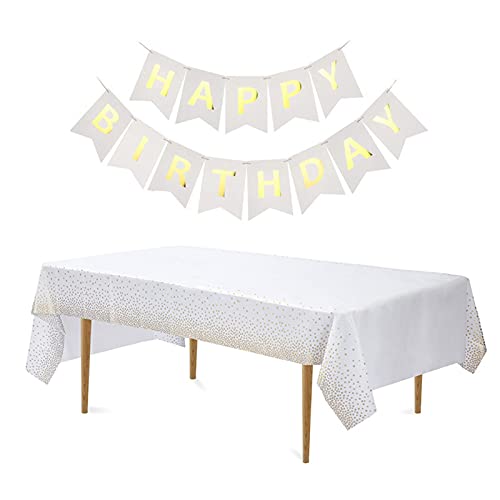 jiuzcare Party Tischdecken 137 * 274cm weiß mit Gold Dot Rechteckige Tischdecke und Happy Birthday Banner Tischdecke Festlich für Hochzeiten Geburtstag Picknick Outdoor Kunststoff Tischdecke, Weiß jiuzcare Party Tischdecken 137 * 274cm weiß mit Gold Dot Rechteckige Tischdecke und Happy Birthday Banner Tischdecke Festlich für Hochzeiten Geburtstag Picknick Outdoor Kunststoff Tischdecke, Weiß von jiuzcare
