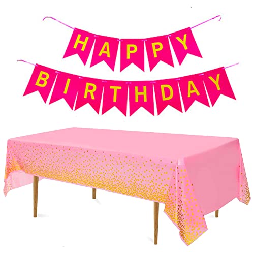 jiuzcare Party Tischdecken mit Gold Dot 137 * 274cm Rechteck Tischtuch Plastik Tischdecken Wachstuch Tischdecke Abwaschbar mit Happy Birthday Banner für Party Picknick Hochzeiten Geburtstag, Rosa von jiuzcare