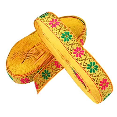jojofuny 2 Stück Ethnisches Spitzenband Blumen- Spitzenbesatz zum Nähen Kunstseide Vorhang Schnürsenkel bestickter Stoff gestickte Borte Stoffblumen zum Nähen Stoffbesatz Polyester Gelb von jojofuny