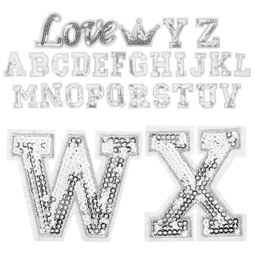 jojofuny 28 Stück Gestickter Brief Patch selbst jubeln nähen für sticken Flicken aufbügeln Buchstaben aufbügeln kleiner Buchstaben auf Flecken Buchstabenpatch aufbügeln Pailletten Silber von jojofuny