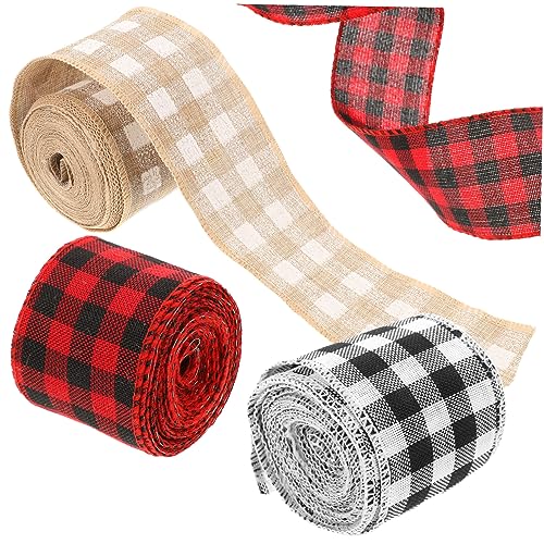jojofuny 3 Rollen Kariertes Schleifenband Breit Vielseitiges Dekoband mit Drahtkante Robustes für Geschenkverpackung Bastelprojekte Party und Weihnachtsdeko zum Schneiden und Formen von jojofuny