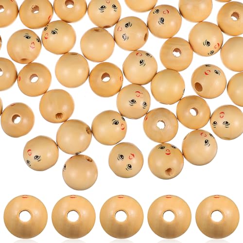 jojofuny 50Stücke Holzperlen mit Gesicht Große Unvollendete Holzperlen zum Basteln für Schmuckherstellung und DIY Projekte mit Vorgebohrten Löchern für Einfache Handhabung von jojofuny