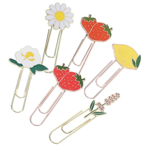 jojofuny 6 Süße Büroklammern Aus Metall: Dekorative Büroklammer-lesezeichen Mit Obst- Und Blumenelementen – Papierverschlüsse Zur Aktenorganisation von jojofuny