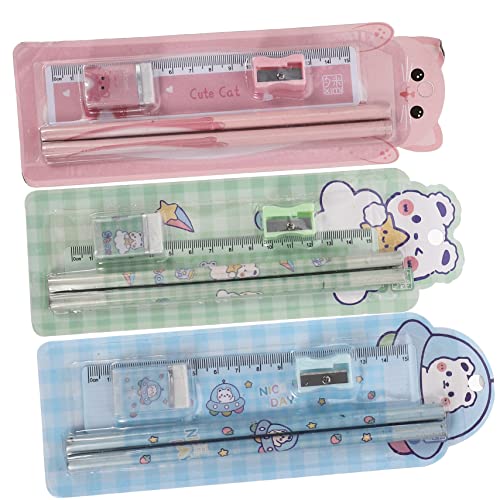 jojofuny 6Sätze Bleistiftset für Teiliges mit Bleistiftschärfer Radiergummi und Lineal für Schule und Zuhause Bunten Designs Blaue Grüne Katzen von jojofuny
