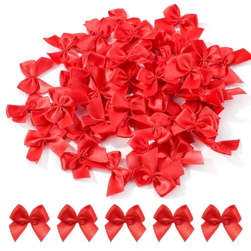 Jollybows 100 Stück Mini Satinband Schleifen, 2.5 cm Rot Satinband-Schleifen Mini Doppelseitige Farbe Bogen mini Band Bowtie für Nähen, Hochzeit Deko, Karten, DIY Basteln, Haar bogen Hut, Geschenk von jollybows