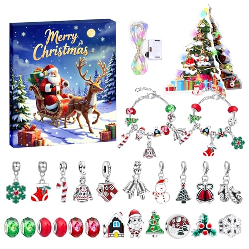 Weihnachts-Countdown-Kalender-Armband, 24 Tage, Advents-Armband, Charm-Perlen, niedliches modisches handgefertigtes Schmuckherstellungs-Set mit Licht für und Mädchen von jopiuieo