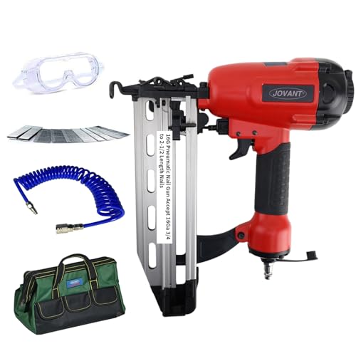 Jovant Pnumatic Finish Nailer,16Gauge nail Gun Acepts 3/4 Inch up to 2-1/2 Inch finish Nails.Brad Nailer Gun Can Hit Hardwood Ideal for Upholstery, Woodworking (Include 6m Air tube & Portable Bag) von jovant