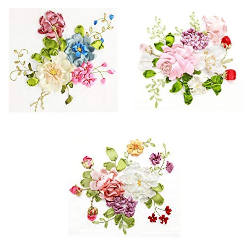 joyMerit 3 Stück Seidenband Stickerei Kit, Ribbon Embroidery Kit, DIY Handgemachte Stick Blumen Wandbild Ölgemälde von joyMerit