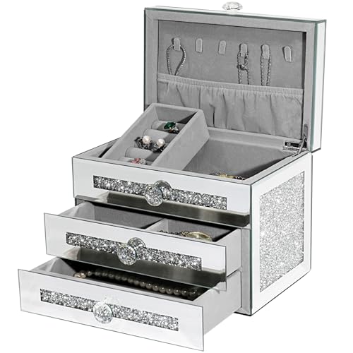 joyshiny Verspiegelte Schmuckschatulle für Damen, 3 Etagen, Schmuck-Organizer-Boxen mit 2 Schubladen, Kristall-Oberfläche aus zerkleinertem Diamantglas, Geschenkidee, Silber joyshiny Verspiegelte Schmuckschatulle für Damen, 3 Etagen, Schmuck-Organizer-Boxen mit 2 Schubladen, Kristall-Oberfläche aus zerkleinertem Diamantglas, Geschenkidee, Silber von joyshiny