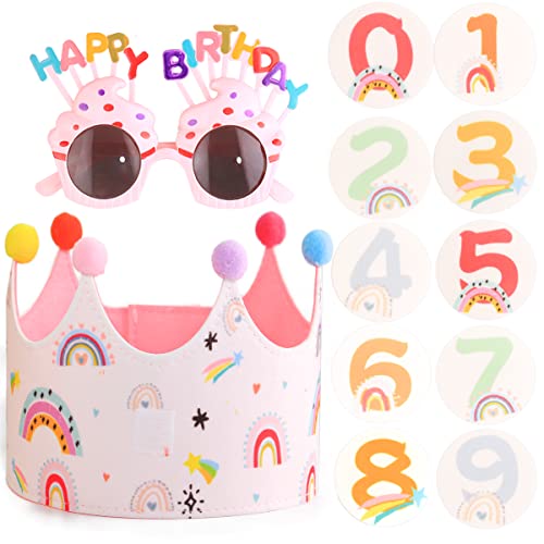 jsysj Geburtstagskrone Kinder, Stoff Kinderkrone mit Auswechselbaren Zahlen von 0-9, Jungs oder Mädchen Geburtstagskrone mit 1 Paar von Partybrillen für Geburtstagsparty Ankleiden von jsysj