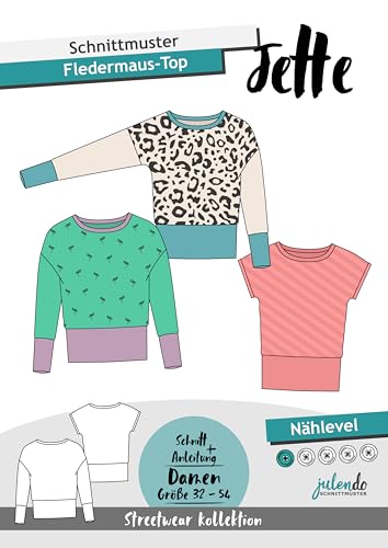JULENDO Schnittmuster Fledermaus-Top "Jette", Gr. 32-54 | Pullover, T-Shirt Papierschnittmuster für Damen mit Nähanleitung von julendo