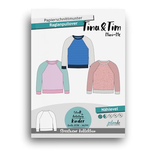 JULENDO Schnittmuster Kinder Pullover Tina&Tim Mini-Me Gr. 92/98 bis 164/170 | Raglanpullover Papierschnittmuster für Kinder mit Nähanleitung (Sprache: deutsch) von julendo