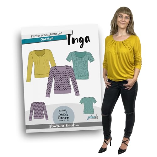 JULENDO Schnittmuster Longsleeve und T-Shirt mit Falten - Inga | Papierschnittmuster für Damen mit Nähanleitung (PS-006-54) (Gr. 32 bis 54) von julendo