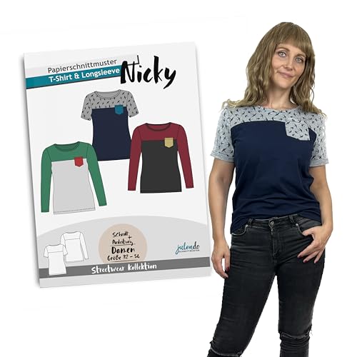JULENDO Schnittmuster Longsleeve und T-Shirt mit Tasche - Nicky Gr. 32-54 | Papierschnittmuster für Damen mit Nähanleitung von julendo