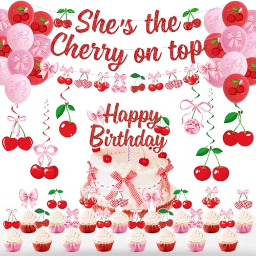 Cherry Birthday Decorations, She's The Cherry On Top Shower Decorations Including Fruit Cherries Party Supplies Banner Cake Topper Latex Balloons, Cute Pink Red Cherries Themed Birthday Party Decor Cherry Birthday Decorations, She's The Cherry On Top Shower Decorations Including Fruit Cherries Party Supplies Banner Cake Topper Latex Balloons, Cute Pink Red Cherries Themed Birthday Party Decor von julyshy