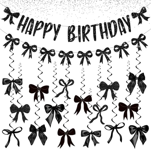 Schwarze Schleife Geburtstag Dekorationen, Glitzer Mädchen Kokette Happy Birthday Banner, Schwarz und Weiß Themed Geburtstag Party Dekorationen mit Happy Birthday Banner Schleife Girlande und Schwarze Schleife Geburtstag Dekorationen, Glitzer Mädchen Kokette Happy Birthday Banner, Schwarz und Weiß Themed Geburtstag Party Dekorationen mit Happy Birthday Banner Schleife Girlande und von julyshy