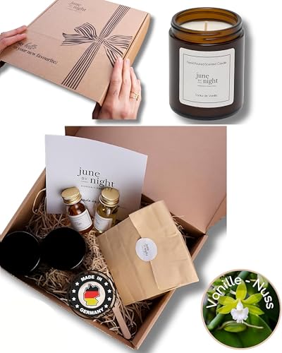 juneBYnight Kerzen Selber Machen Set, DIY Kerzenherstellung Kit für Starter Dufkerzen Geschenke, Sojawachs, Kerzenglas mit Deckel, Kerzendochte, Dochtaufkleber & ätherisches Öl - 2x180ml Vanille-Nuss von juneBYnight MORGANIC EMOTIONS