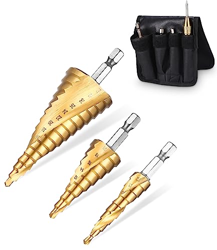 Step Drill 4 Pieces, 4 Stück Stufenbohrer Set, 4-12mm/4-20mm/4-32mm, Metallbohrer aus HSS Stahl, Bithalter schälbohrer, Bohrfräser Kegelbohrer Konusbohrer, Holz, Kunststoffe [10mm Schaft] von jutyum