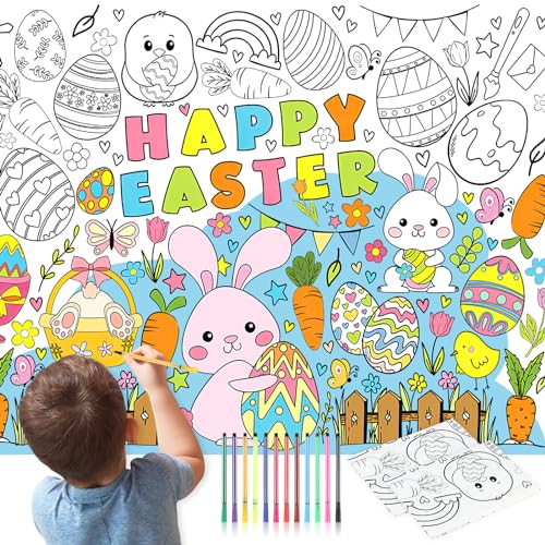 2 Stücke Papier-Tischdecke zum Ausmalen, Happy Easter Ausmal-Tischdecke Frohes Ausmaltischdecke Kinder, Tischdecke Easter Basteln Kinder mit 12 farbige Aquarellstifte bestes Ostergeschenk von jwogngls