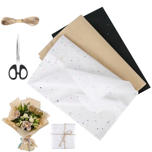 30 Blatt Seidenpapier, 50 x 66cm Seidenpapier Verpackungsmaterial, Glitzer Tissue Paper, Geschenkpapier mit Schere und Schnur für Geburtstage, Festival, Blumen (3 Farben) von jwogngls