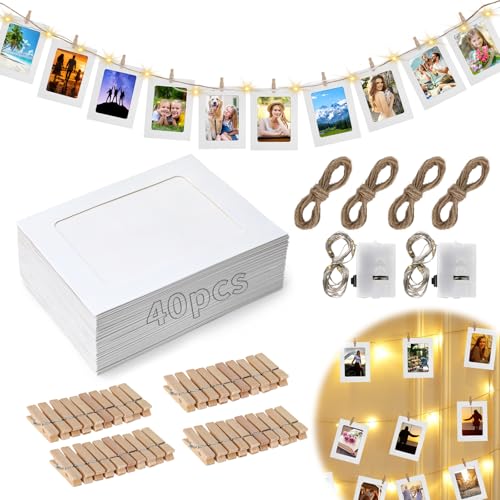 40 Foto Girlande 10 x 15 cm, Fotogirlande mit Holzklammen, Papier Bilderrahmen weiß 6 in, Fotos Aufhängen DIY Kraftpapier Bilderrahmen mit 40 Stück Holz Pegs für Geburtstag Hochzeit Party Wand Deko von jwogngls
