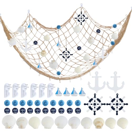 Fischernetz Deko Set, 2m*1m Cotton Fishing Net mit Muschel, Segelboot, Ruder, Anker und Nicht Markierenden Haken für Heimdekoration, Strandpartys, Hochzeiten von jwogngls