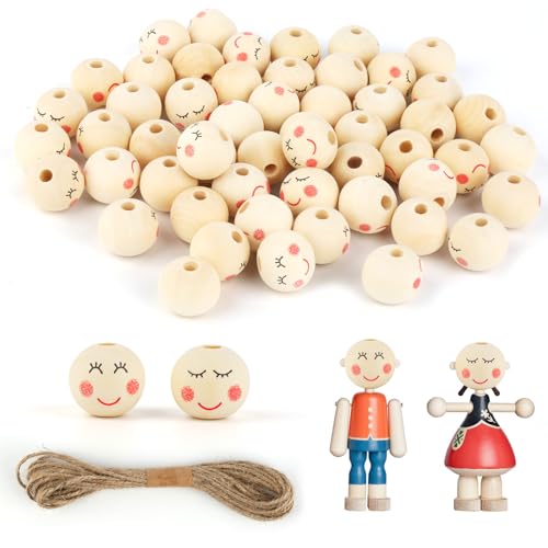 jwogngls 100 Stück Holzperlen mit Gesicht, Holzkugeln mit Loch und Gesicht 20mm, Holzperlen Natur Smile Face, Rund Lose Perlen zum Auffädeln, Holzkugeln Groß Ostergeschenke für Kinder und Freunde von jwogngls