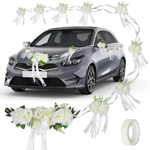 jwogngls Weiße Autoschmuck Hochzeit, Hochzeitsdeko Auto mit Saugnäpfen, Hochzeit Autoschmuck Enthalten 9 Cluster von Seidenblumen, Auto Deko Hochzeit für Hochzeit Empfang Zeremonie von jwogngls