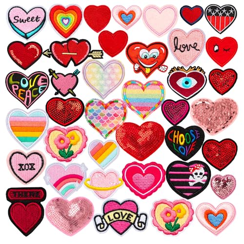 40 Stück Herzförmige Patches zum Aufbügeln,Bügelflicken Stickerei,Textilien DIY Heart Nähen Applikation für Hut Rucksäcke Taschen Kleidung Mütze Hosen Mütze Schuhe T-Shirt DIY Handwerk Socken von kaensc