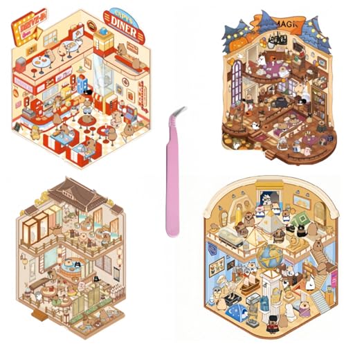 kaensc 4 Stücke DIY 3D-Haus-Aufkleber,3D Miniature Scene Stickers,Lustige DIY-Sticker Vor Ort Machen Sie Lhr Eigenes Mini-Haus-Aufkleber Behandlung Erwachsene Stress Zu Lindern um Zeit Verbringen von kaensc