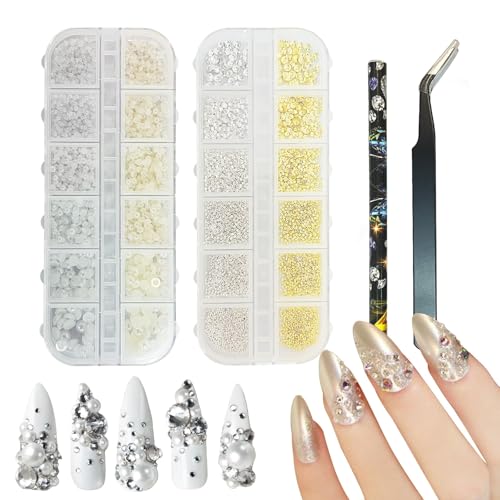 KAIYAYA 2 Stück Nailart Perlen, Gold Silber Kaviar Strasssteine Weiß Beige Mini Nagel Steine Mikroperlen Dekor für Nägel Design,Perlen Nail Charms Set mit Pinzette und Stift von kaiyaya