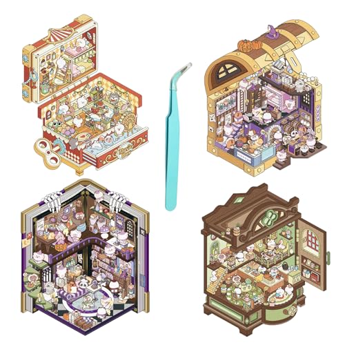KAIYAYA 4 Sets DIY 3D House Stickers scene,DIY Haus Aufkleber sticker therapy set Machen Sie Ihren Cartoon-Anime-Szenen-Aufkleber,für Jungen Mädchen und Erwachsene Cute Scene mit 1 Pinzetten von kaiyaya