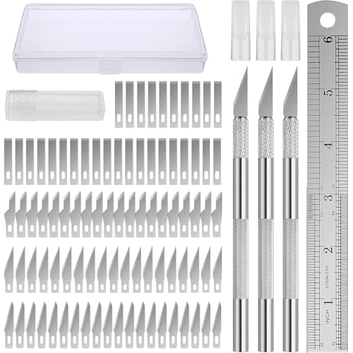 KAIYAYA 95 Stücke Skalpell Set inkl 3 Bastelmesser, 90 Skalpell Klingen, Kunststoffbox und Edelstahl Lineal, Premium Skalpell Basteln Carving Craft Messer für Selberschnitzen, Skulptur, Fensterfolie von kaiyaya