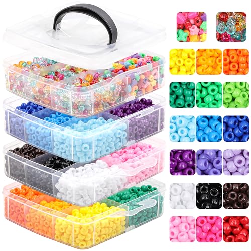 KAKW Pony-Perlen zur Schmuckherstellung, Kunststoffperlen für Freundschaftsarmbänder, Halsketten, 6 x 9 mm, 18 einfarbige Perlen, 8 Farben, Pony-Perlen, Formen, 10 Farben, Glitzerperlen für von kakw
