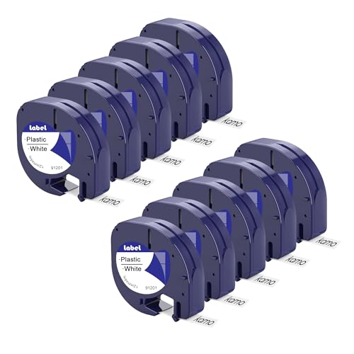 10x kamo Schriftbänder (12mm x 4m) kompatibel LetraTag Bänder 91201 91221 Weiß, für Beschriftungsgerät LT-100H, LT-100H Plus, LT-100T, LT-100T Plus, XM, XR, 2000, QX50, 200B von kamo