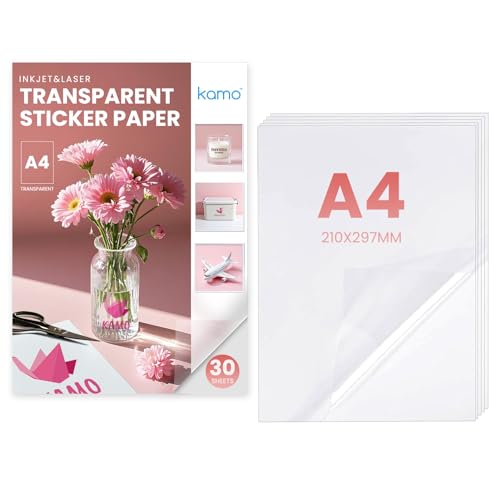 kamo Premium 100% Transparentes Stickerpapier – 30 Blätter, Bedruckbares Vinyl-Selbstklebendes Etikett für Laser- und Tintenstrahldrucker, A4, 210 x 297 mm, 1 Etikett pro Blatt, Nicht wasserfest von kamo