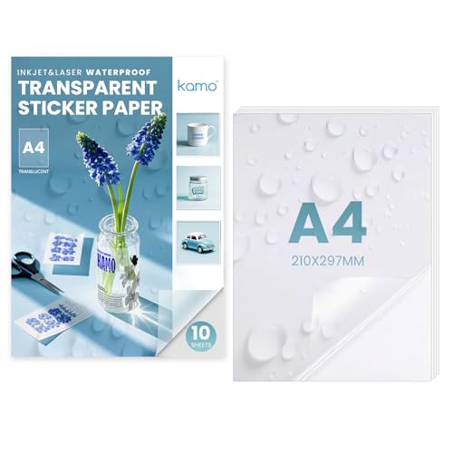 kamo Premium Wasserdichtes Halb Transparentes Stickerpapier – 10 Blätter, Bedruckbares Vinyl-Selbstklebendes Etikett für Laser- und Tintenstrahldrucker, A4, 210 x 297 mm, 1 Etikett pro Blatt von kamo