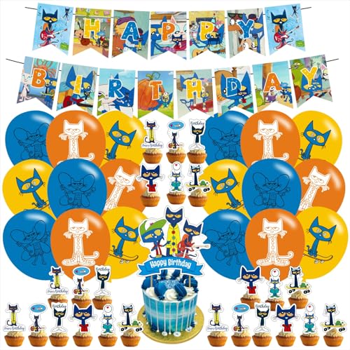 Cartoon-Peter-Katzen-Geburtstagsdekoration, Cartoon-Katzen-Partyzubehör beinhaltet Happy Birthday-Banner, Kuchenaufsatz und Cupcake-Topper, Luftballons für Kinderparty-Dekoration von karg
