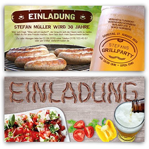 Einladungen zum Geburtstag (30 Stück) Bratwurst Grillen Bier Sommer BBQ Einladungskarten von Kartenmachen.de