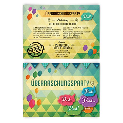 Einladungskarten zum Geburtstag (30 Stück) Überraschungsparty Einladung Party Überraschung von Kartenmachen.de